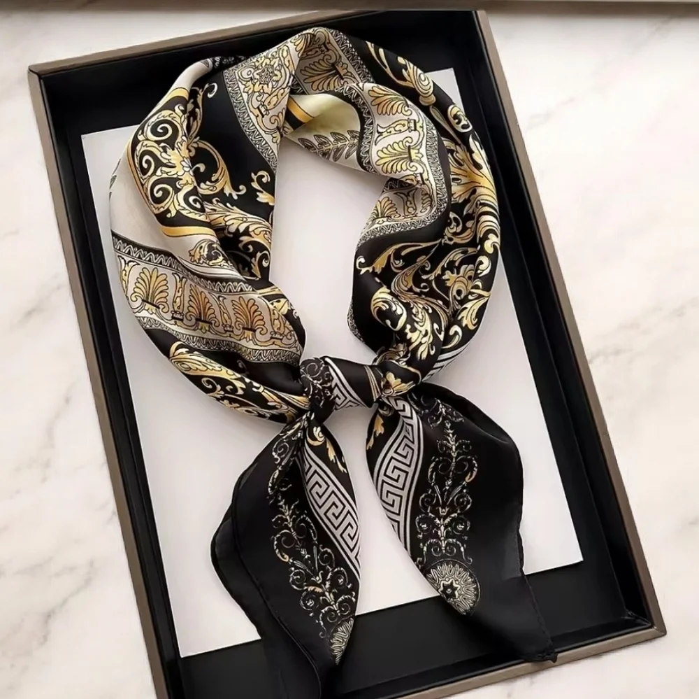 NEW Baroque Style Black + Gold Greek Key Trimmed Neck Scarf
